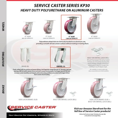 Service Caster 6 Inch Kingpinless Poly on Aluminum Wheel Swivel Top Plate Caster SCC-KP30S620-PAR
